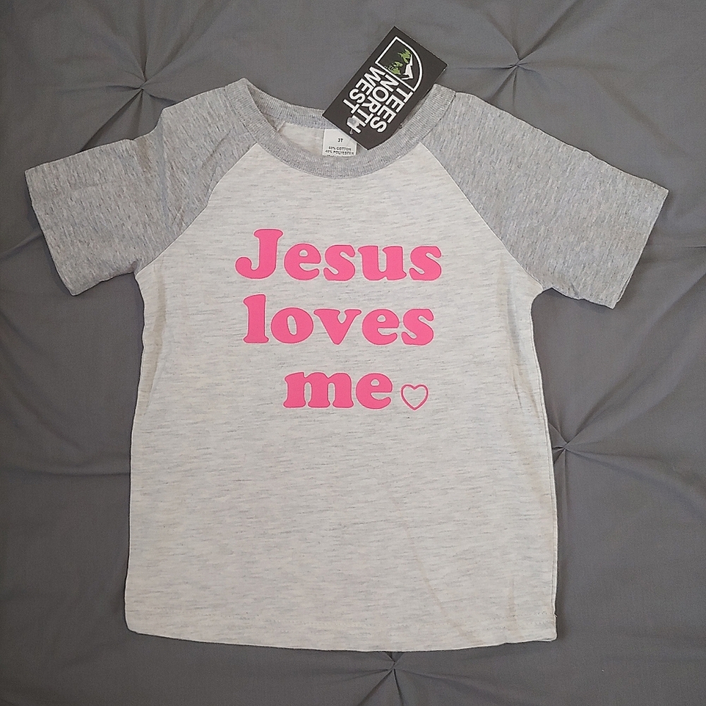 NWT Tee's North West Jesus Loves Me Tee, Size 3T, Grey/White/Pink